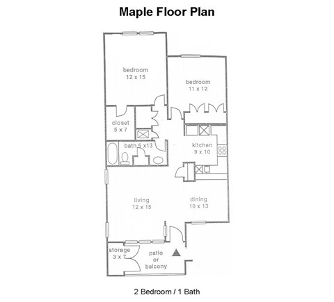 Floor plan for 2 beds, 2 baths, 1104 sqft